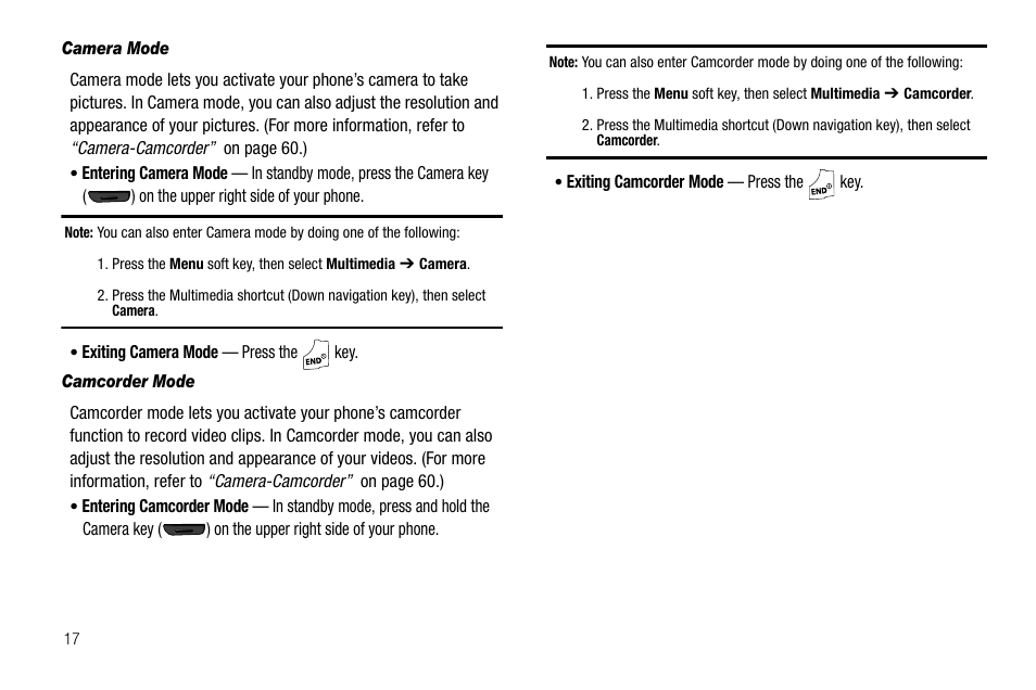 Camera mode, Camcorder mode | Samsung SCH-R550ZKACRI User Manual | Page 20 / 152