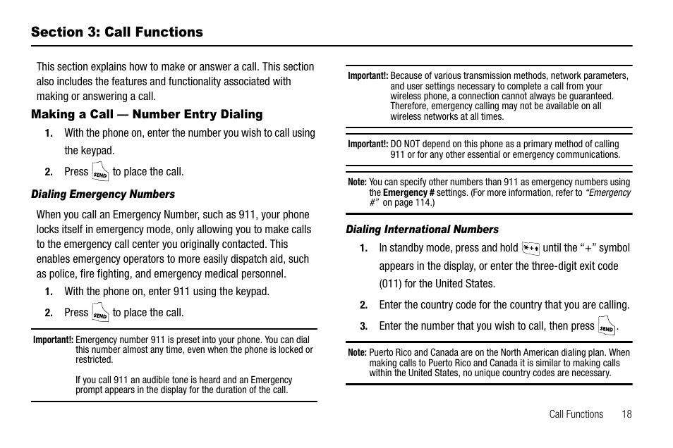 Section 3: call functions, Making a call - number entry dialing, Dialing emergency numbers | Dialing international numbers, Making a call — number entry dialing | Samsung SCH-R550ZKACRI User Manual | Page 21 / 152