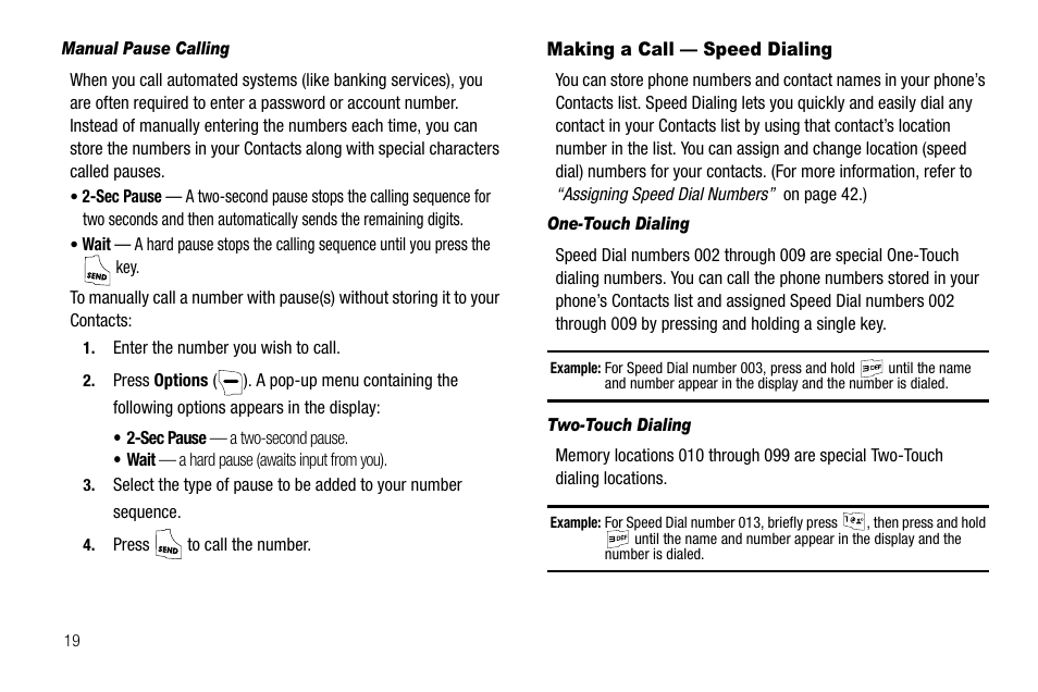 Manual pause calling, Making a call - speed dialing, One-touch dialing | Two-touch dialing, Making a call — speed dialing | Samsung SCH-R550ZKACRI User Manual | Page 22 / 152