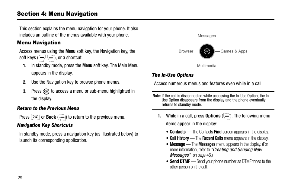 Section 4: menu navigation, Menu navigation, Return to the previous menu | Navigation key shortcuts, The in-use options | Samsung SCH-R550ZKACRI User Manual | Page 32 / 152