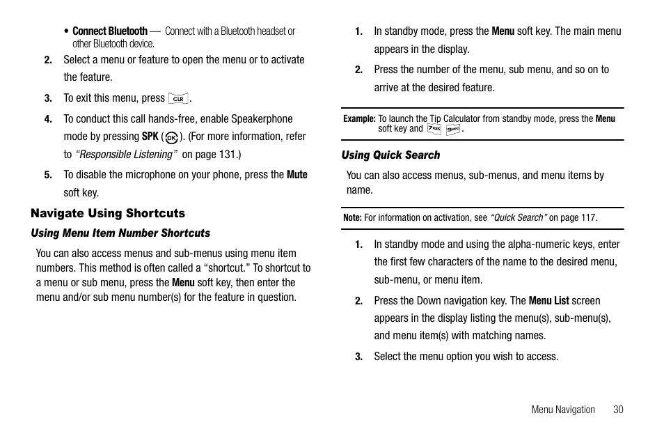 Navigate using shortcuts, Using menu item number shortcuts, Using quick search | Samsung SCH-R550ZKACRI User Manual | Page 33 / 152