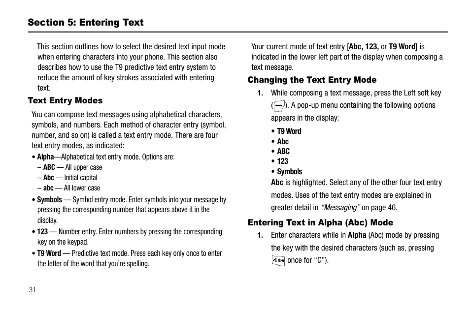 Section 5: entering text, Text entry modes, Changing the text entry mode | Entering text in alpha (abc) mode | Samsung SCH-R550ZKACRI User Manual | Page 34 / 152