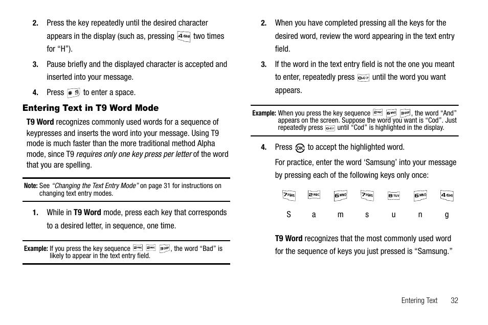 Entering text in t9 word mode | Samsung SCH-R550ZKACRI User Manual | Page 35 / 152