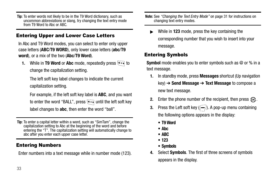 Entering upper and lower case letters, Entering numbers, Entering symbols | Samsung SCH-R550ZKACRI User Manual | Page 36 / 152