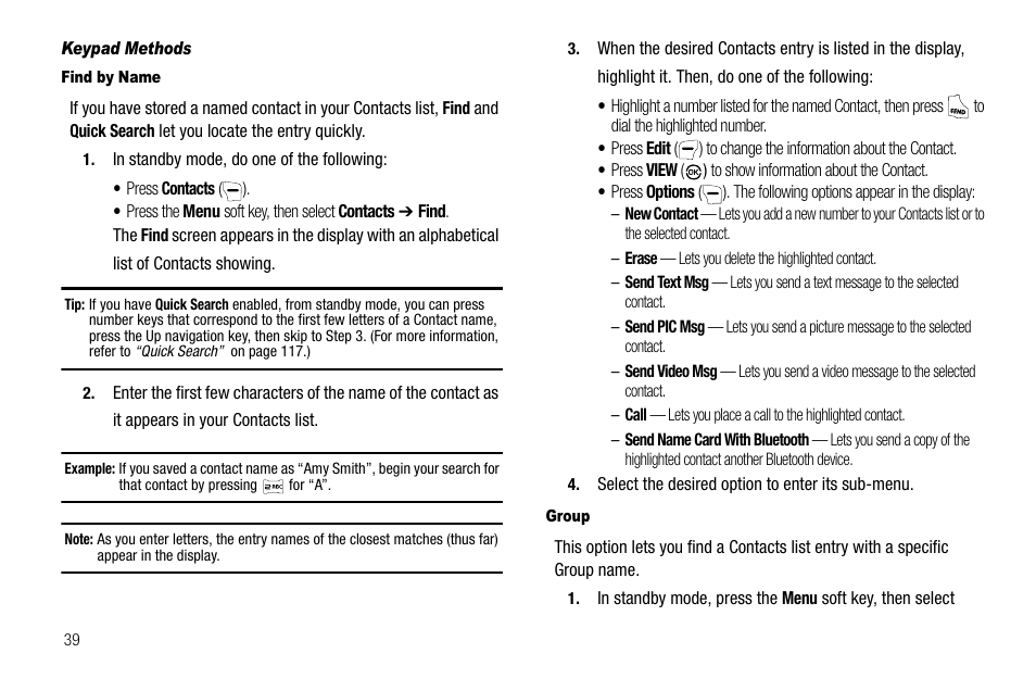 Keypad methods, Find by name, Group | Ntacts. (for more information, refer to “group” on | Samsung SCH-R550ZKACRI User Manual | Page 42 / 152