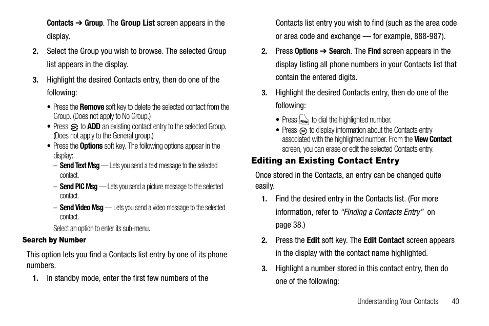 Search by number, Editing an existing contact entry, See “editing an existing contact | Samsung SCH-R550ZKACRI User Manual | Page 43 / 152