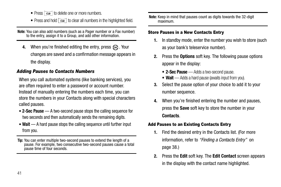 Adding pauses to contacts numbers, Store pauses in a new contacts entry, Add pauses to an existing contacts entry | Samsung SCH-R550ZKACRI User Manual | Page 44 / 152