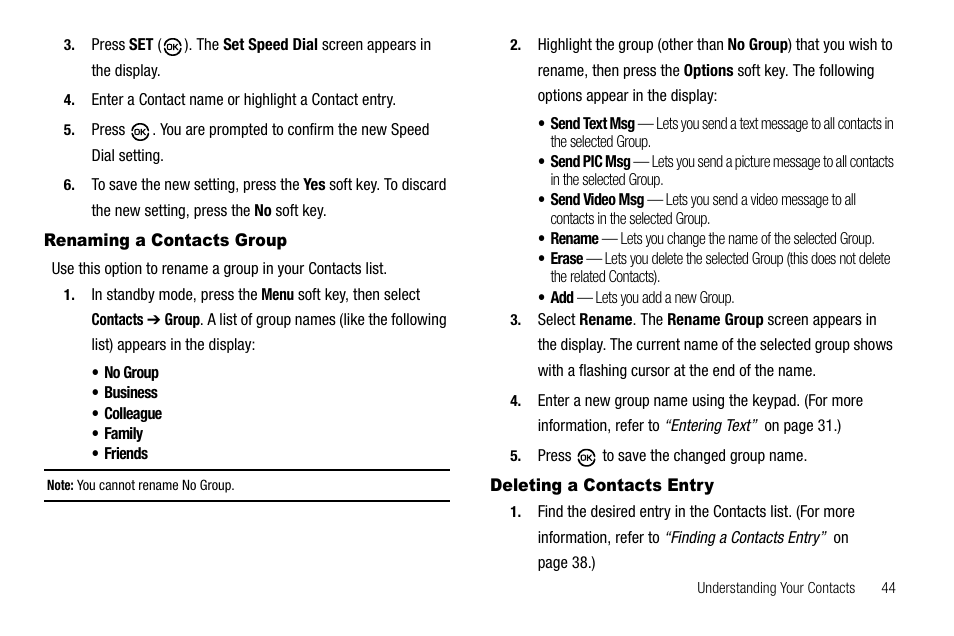 Renaming a contacts group, Deleting a contacts entry | Samsung SCH-R550ZKACRI User Manual | Page 47 / 152