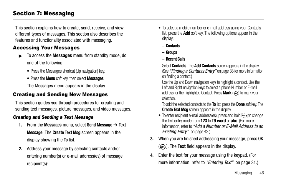 Section 7: messaging, Accessing your messages, Creating and sending new messages | Creating and sending a text message | Samsung SCH-R550ZKACRI User Manual | Page 49 / 152
