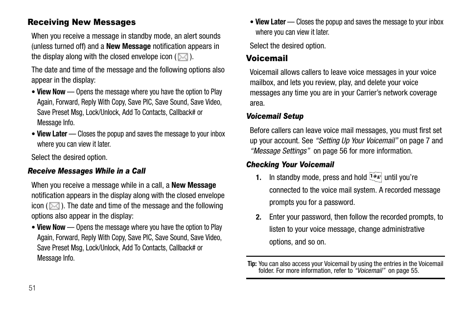 Receiving new messages, Receive messages while in a call, Voicemail | Voicemail setup, Checking your voicemail, Receiving new messages voicemail | Samsung SCH-R550ZKACRI User Manual | Page 54 / 152