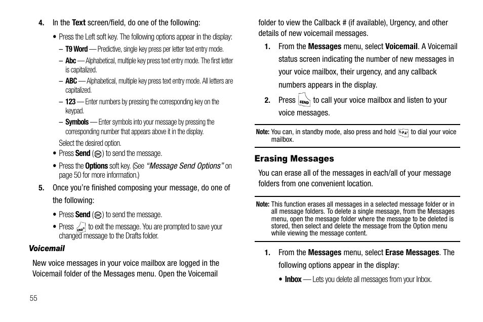 Voicemail, Erasing messages | Samsung SCH-R550ZKACRI User Manual | Page 58 / 152