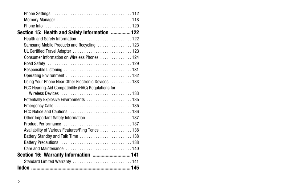 Section 15: health and safety information 122, Section 16: warranty information 141 | Samsung SCH-R550ZKACRI User Manual | Page 6 / 152