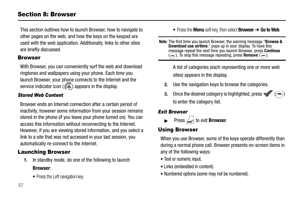 Section 8: browser, Browser, Stored web content | Launching browser, Exit browser, Using browser, Browser launching browser using browser | Samsung SCH-R550ZKACRI User Manual | Page 60 / 152