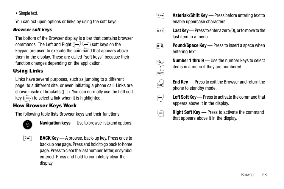 Browser soft keys, Using links, How browser keys work | Using links how browser keys work | Samsung SCH-R550ZKACRI User Manual | Page 61 / 152