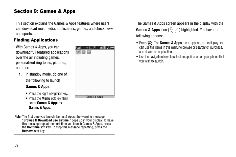 Section 9: games & apps, Finding applications | Samsung SCH-R550ZKACRI User Manual | Page 62 / 152