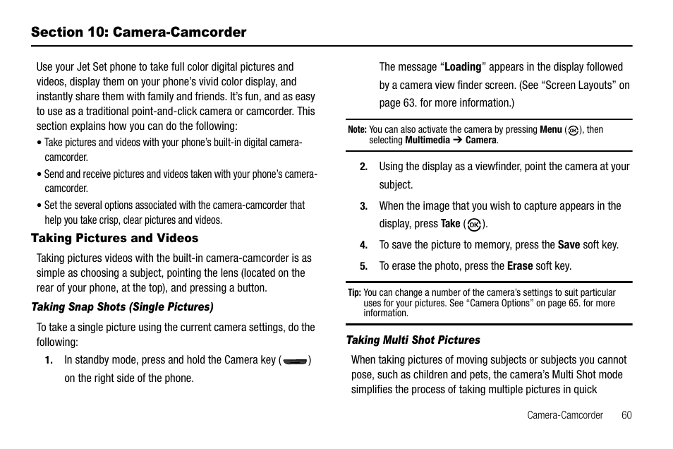 Section 10: camera-camcorder, Taking pictures and videos, Taking snap shots (single pictures) | Taking multi shot pictures | Samsung SCH-R550ZKACRI User Manual | Page 63 / 152