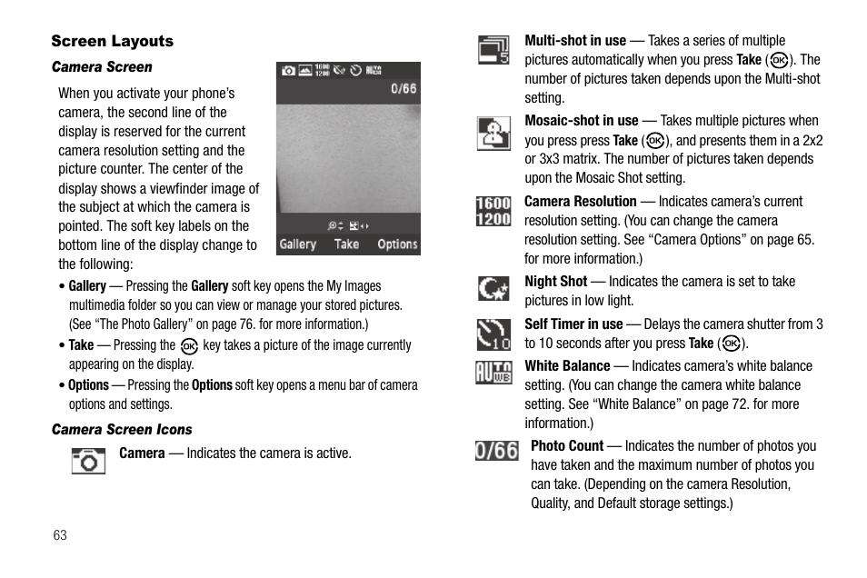 Screen layouts, Camera screen, Camera screen icons | Samsung SCH-R550ZKACRI User Manual | Page 66 / 152