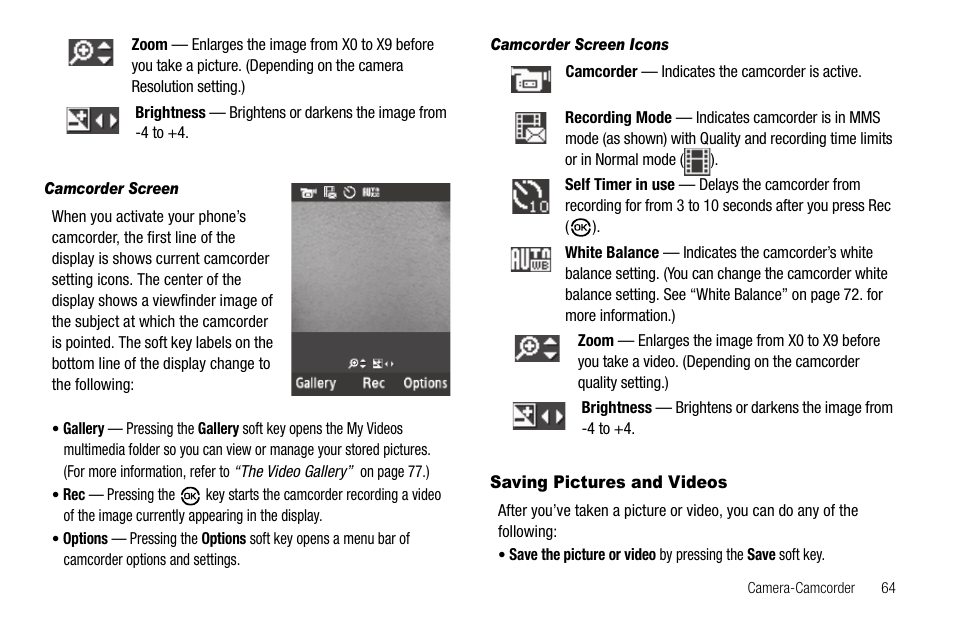 Camcorder screen, Camcorder screen icons, Saving pictures and videos | Samsung SCH-R550ZKACRI User Manual | Page 67 / 152