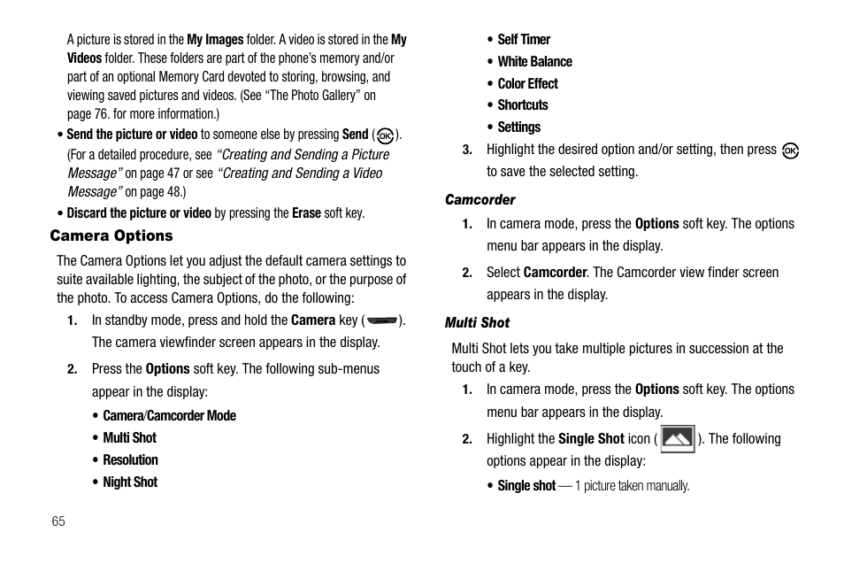 Camera options, Camcorder, Multi shot | Samsung SCH-R550ZKACRI User Manual | Page 68 / 152