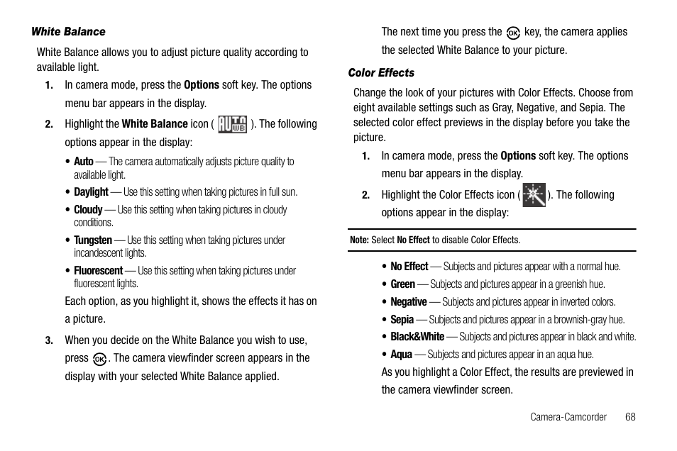 White balance, Color effects | Samsung SCH-R550ZKACRI User Manual | Page 71 / 152