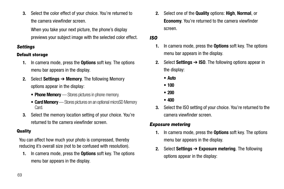 Settings, Default storage, Quality | Exposure metering | Samsung SCH-R550ZKACRI User Manual | Page 72 / 152