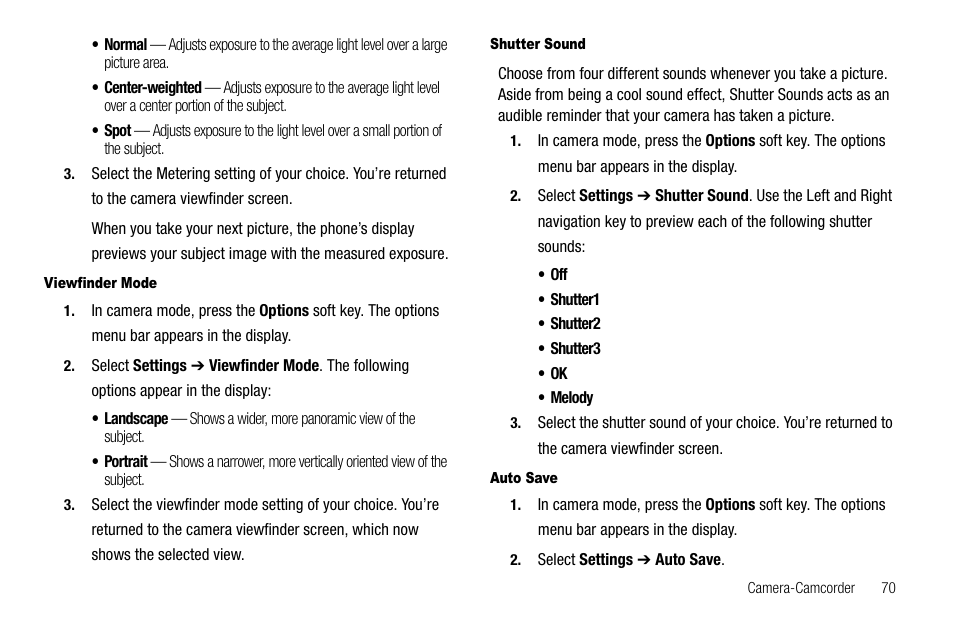 Viewfinder mode, Shutter sound, Auto save | Samsung SCH-R550ZKACRI User Manual | Page 73 / 152