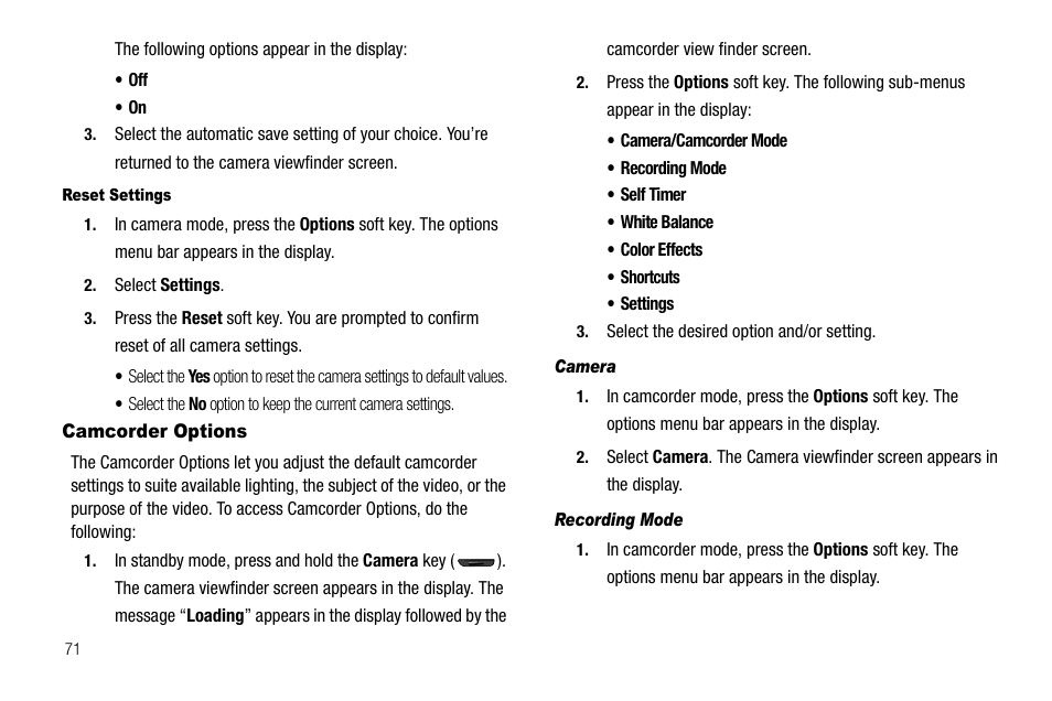 Reset settings, Camcorder options, Camera | Recording mode | Samsung SCH-R550ZKACRI User Manual | Page 74 / 152