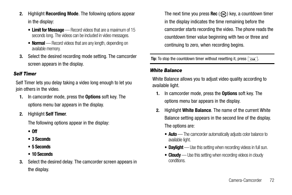 Self timer, White balance | Samsung SCH-R550ZKACRI User Manual | Page 75 / 152