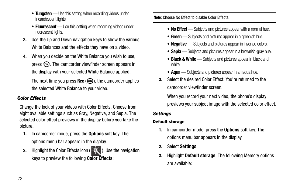 Color effects, Settings, Default storage | Samsung SCH-R550ZKACRI User Manual | Page 76 / 152