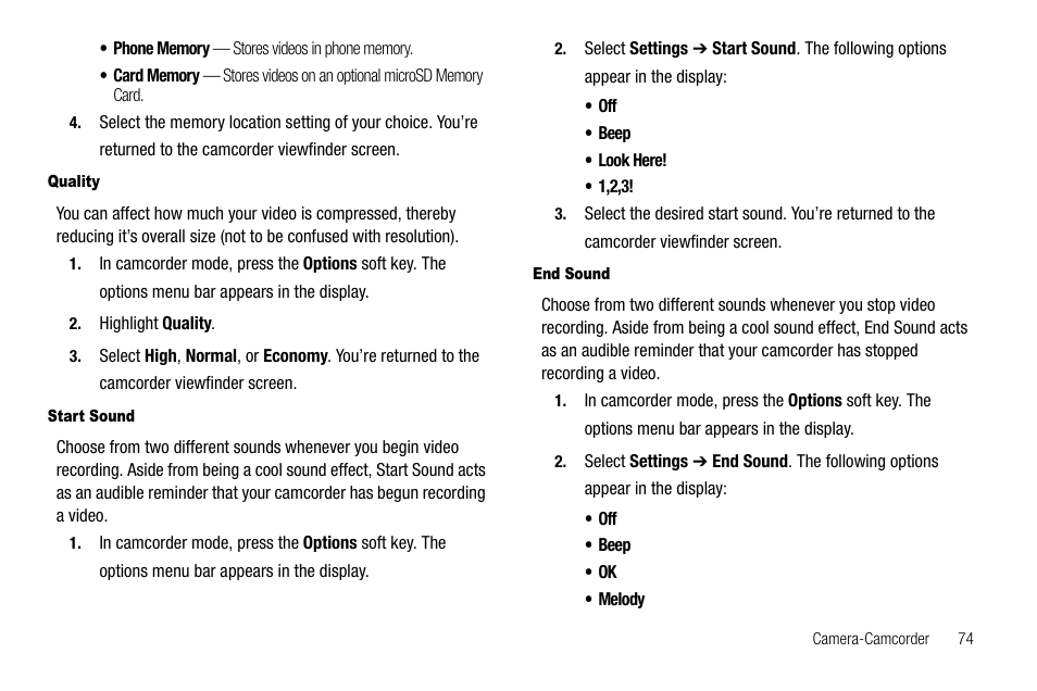 Quality, Start sound, End sound | Samsung SCH-R550ZKACRI User Manual | Page 77 / 152