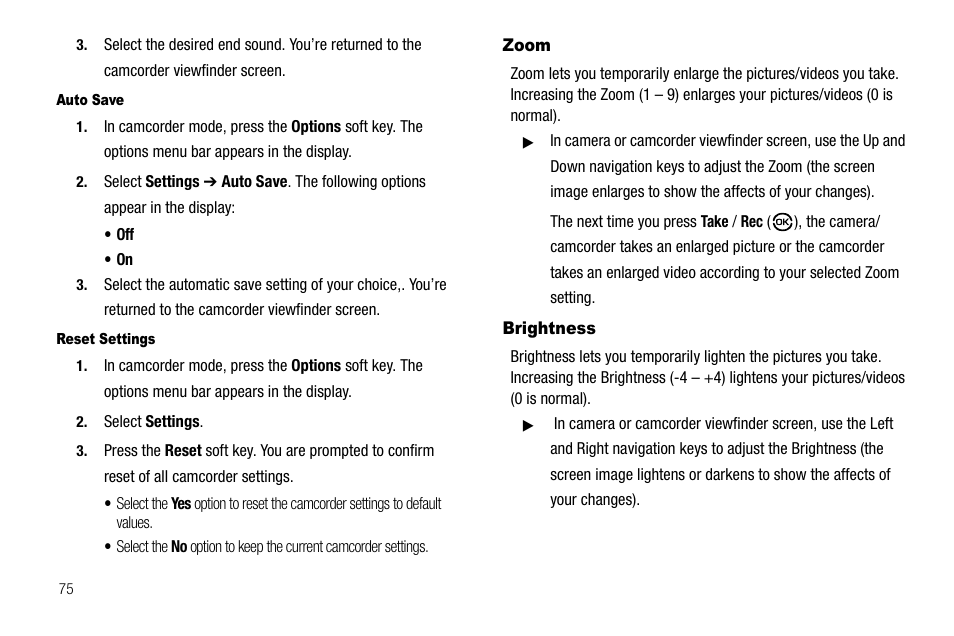 Auto save, Reset settings, Zoom | Brightness, Zoom brightness | Samsung SCH-R550ZKACRI User Manual | Page 78 / 152