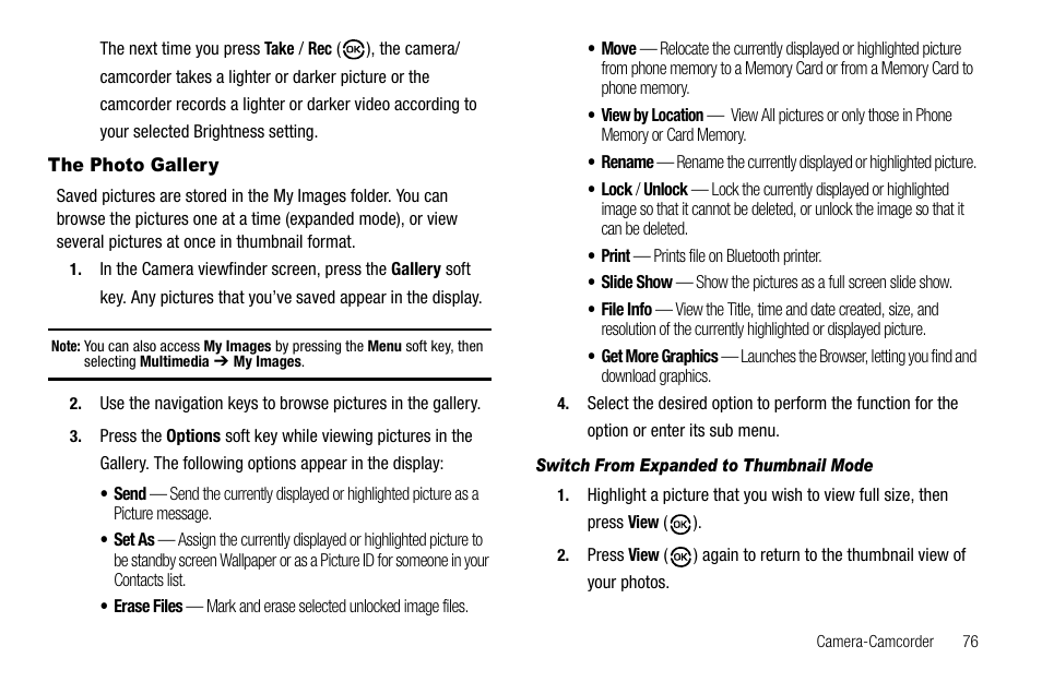 The photo gallery, Switch from expanded to thumbnail mode | Samsung SCH-R550ZKACRI User Manual | Page 79 / 152