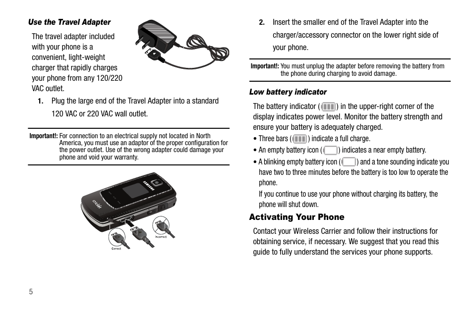 Use the travel adapter, Low battery indicator, Activating your phone | Samsung SCH-R550ZKACRI User Manual | Page 8 / 152