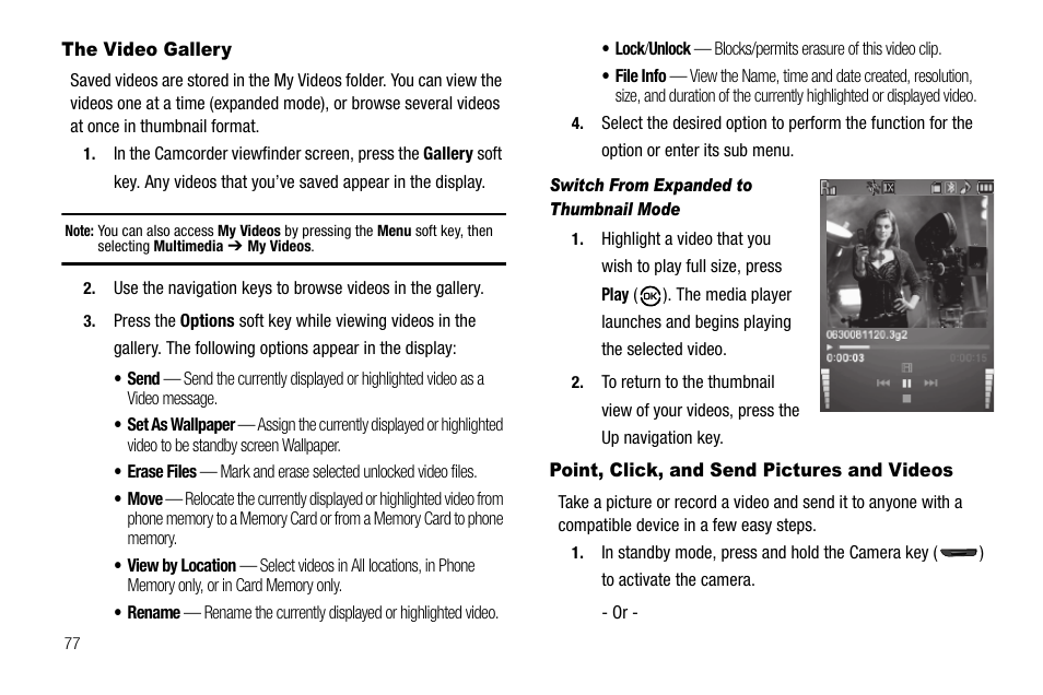 The video gallery, Switch from expanded to thumbnail mode, Point, click, and send pictures and videos | Samsung SCH-R550ZKACRI User Manual | Page 80 / 152