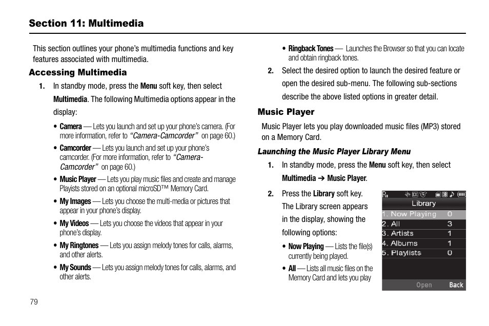 Section 11: multimedia, Accessing multimedia, Music player | Launching the music player library menu | Samsung SCH-R550ZKACRI User Manual | Page 82 / 152