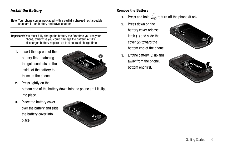 Install the battery, Remove the battery | Samsung SCH-R550ZKACRI User Manual | Page 9 / 152