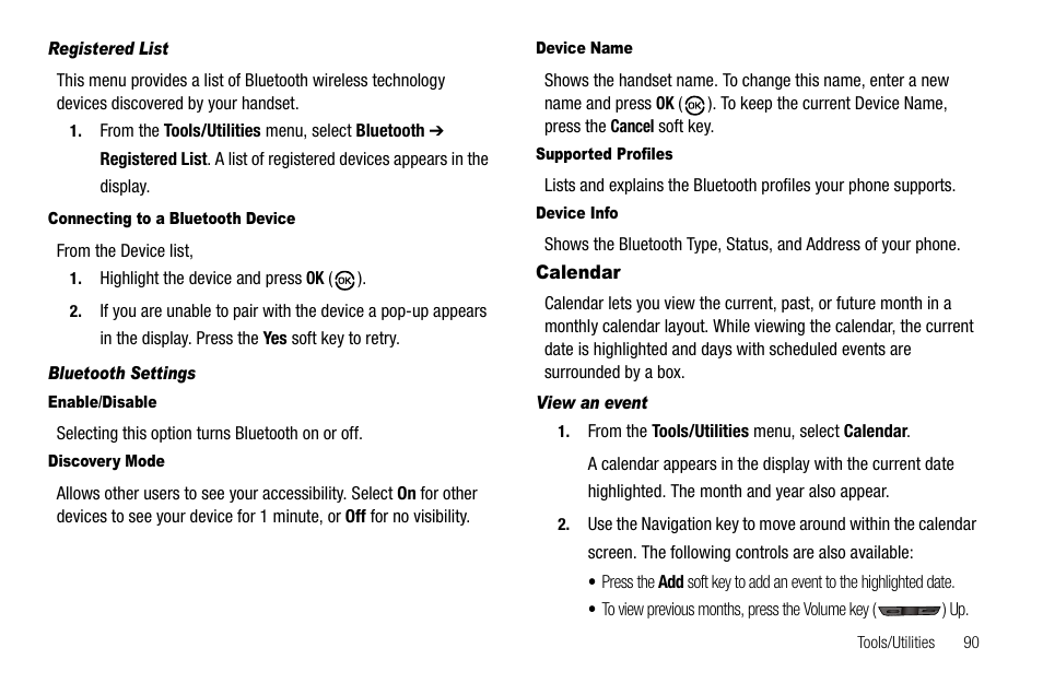 Registered list, Connecting to a bluetooth device, Bluetooth settings | Enable/disable, Discovery mode, Device name, Supported profiles, Device info, Calendar, View an event | Samsung SCH-R550ZKACRI User Manual | Page 93 / 152