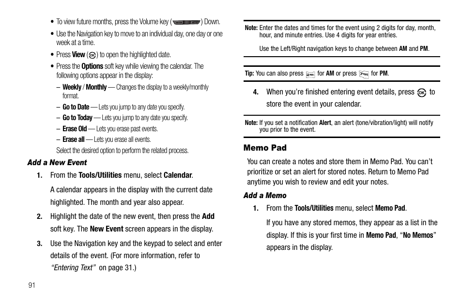Add a new event, Memo pad, Add a memo | Samsung SCH-R550ZKACRI User Manual | Page 94 / 152