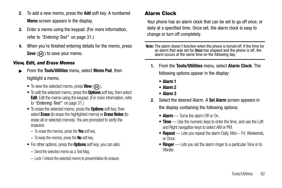 View, edit, and erase memos, Alarm clock | Samsung SCH-R550ZKACRI User Manual | Page 95 / 152