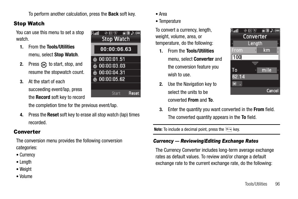 Stop watch, Converter, Currency - reviewing/editing exchange rates | Stop watch converter | Samsung SCH-R550ZKACRI User Manual | Page 99 / 152