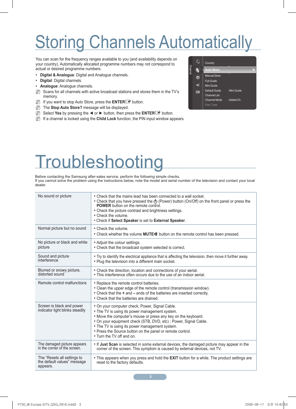 Storing channels automatically, Troubleshooting | Samsung PS63A756T1MXXC User Manual | Page 4 / 5