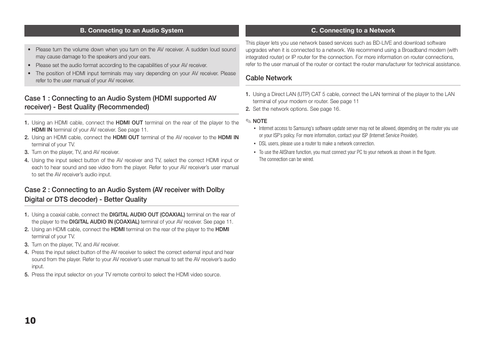 B. connecting to an audio system, C. connecting to a network | Samsung BD-E5300-ZA User Manual | Page 10 / 28