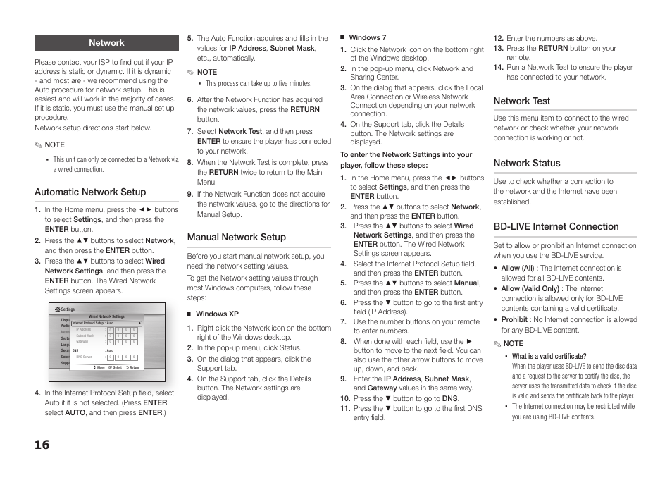 Network, Automatic network setup, Manual network setup | Network test, Network status, Bd-live internet connection | Samsung BD-E5300-ZA User Manual | Page 16 / 28