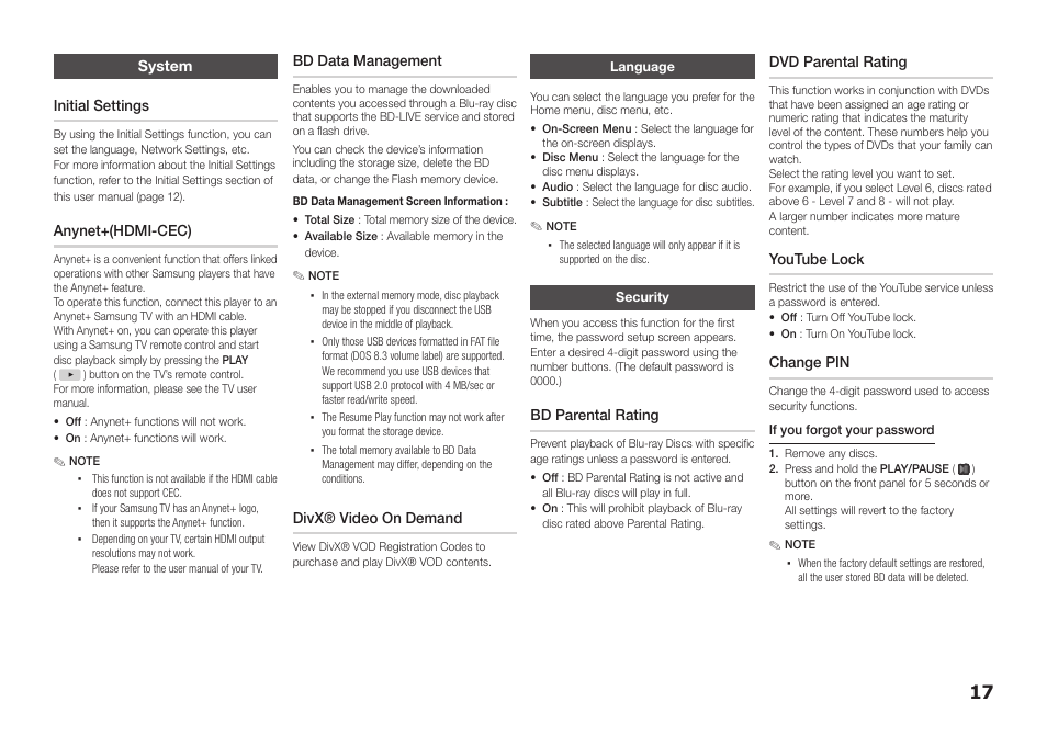 System, Language, Security | System initial settings, Anynet+(hdmi-cec), Bd data management, Divx® video on demand, Bd parental rating, Dvd parental rating, Youtube lock | Samsung BD-E5300-ZA User Manual | Page 17 / 28