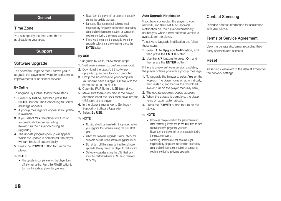 General, Support, Time zone | Support software upgrade, Contact samsung, Terms of service agreement, Reset | Samsung BD-E5300-ZA User Manual | Page 18 / 28
