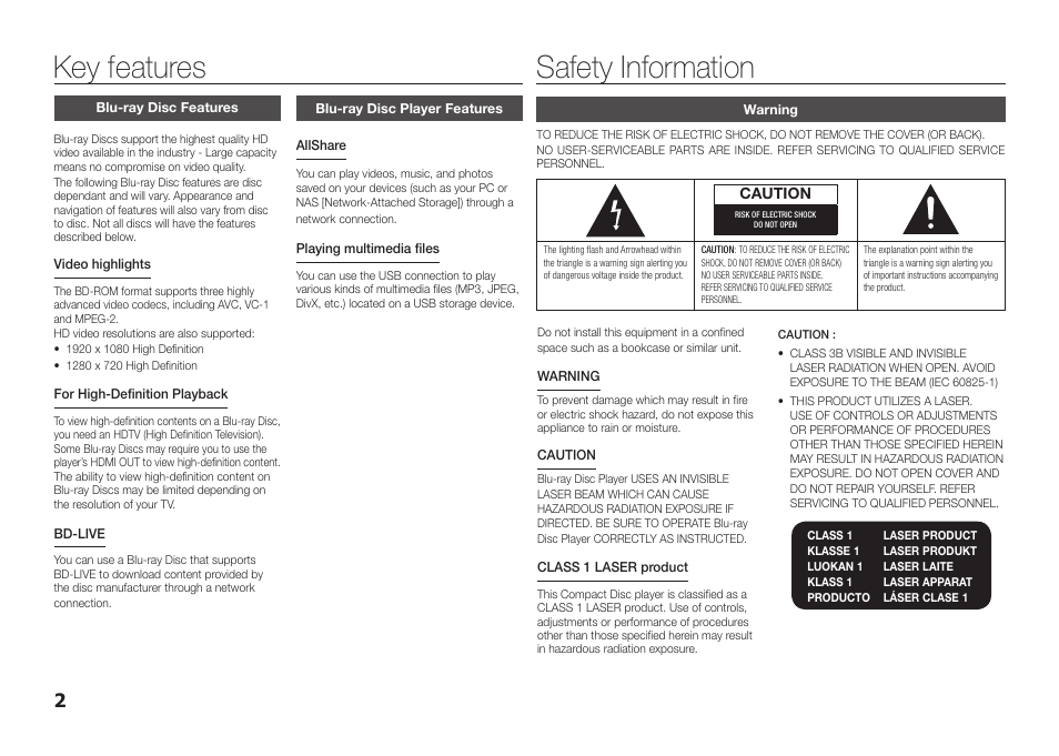 Key features, Blu-ray disc features, Blu-ray disc player features | Safety information, Warning, Key features safety information | Samsung BD-E5300-ZA User Manual | Page 2 / 28