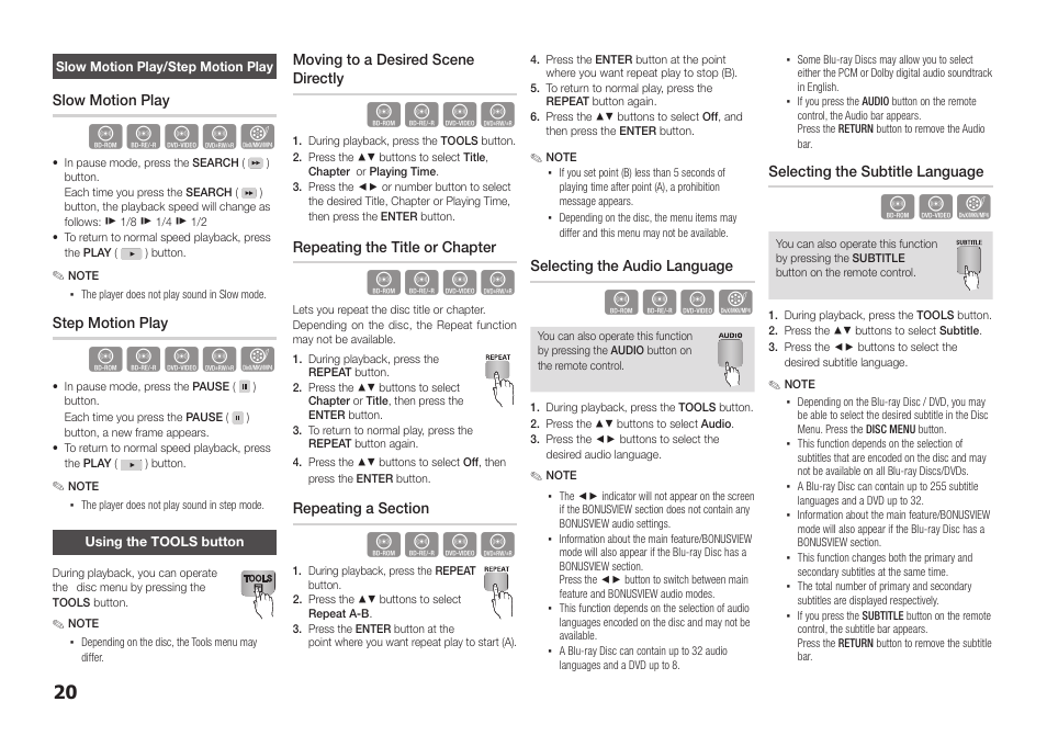 Slow motion play/step motion play, Using the tools button | Samsung BD-E5300-ZA User Manual | Page 20 / 28