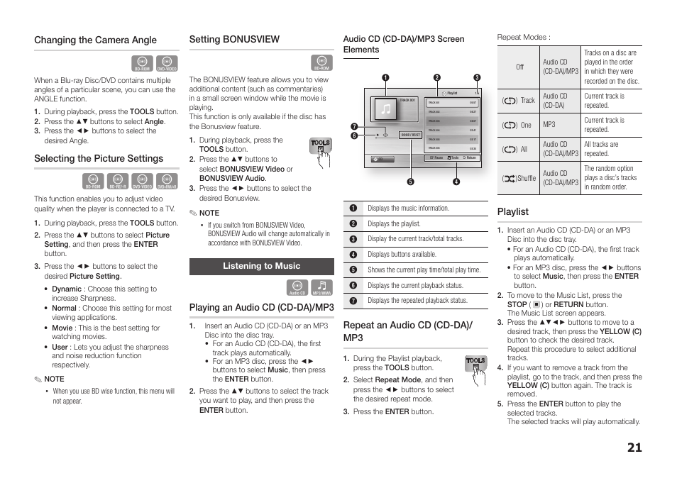 Listening to music, Changing the camera angle, Selecting the picture settings | Setting bonusview, Playing an audio cd (cd-da)/mp3, Repeat an audio cd (cd-da)/ mp3, Playlist | Samsung BD-E5300-ZA User Manual | Page 21 / 28