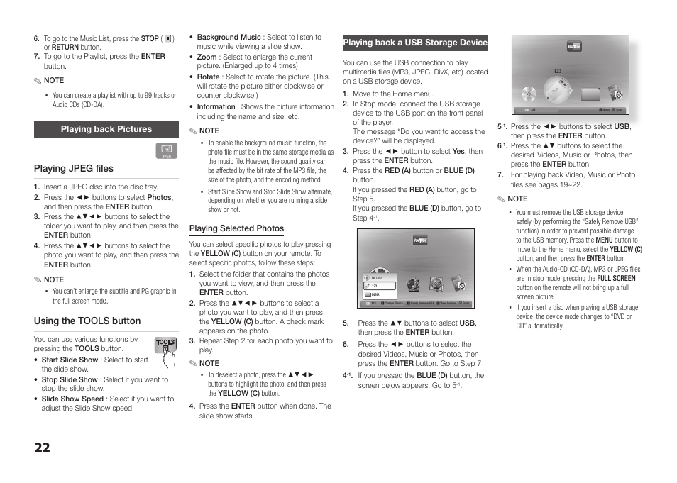 Playing back pictures, Playing back a usb storage device, Playing jpeg files | Using the tools button | Samsung BD-E5300-ZA User Manual | Page 22 / 28