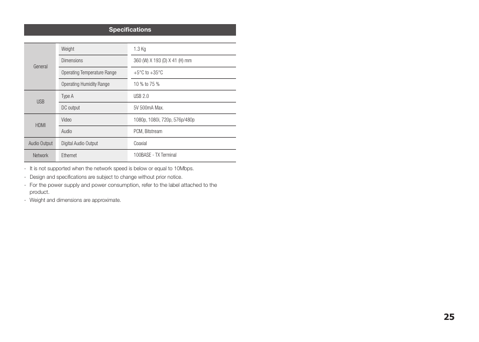 Specifications | Samsung BD-E5300-ZA User Manual | Page 25 / 28